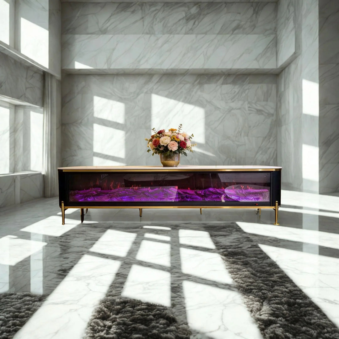 Modern black electric fireplace console with purple flame effect in a marble living room.