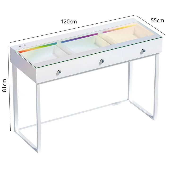 Liora RGB LED Glass-Top Vanity Desk – 3 Drawers