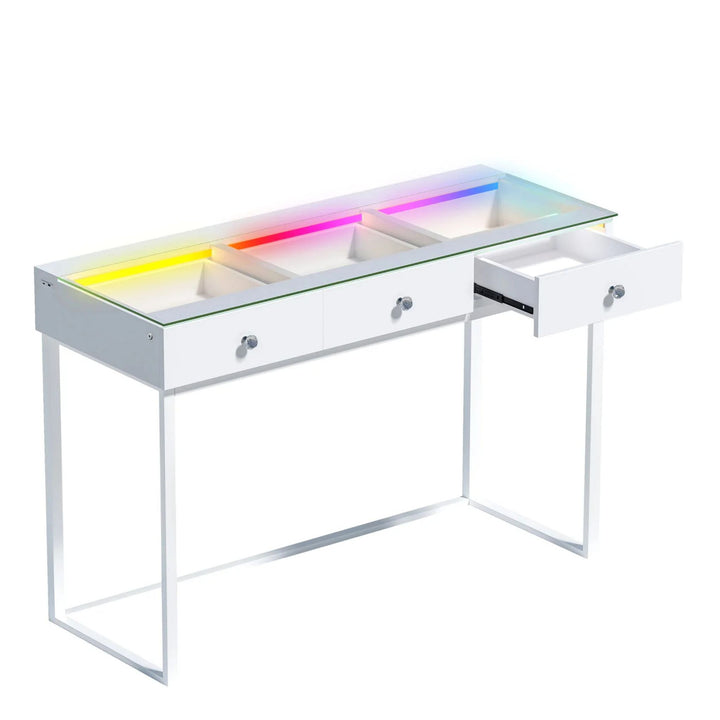 Liora RGB LED Glass-Top Vanity Desk – 3 Drawers