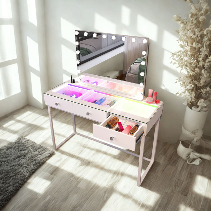 Liora RGB LED Glass-Top Vanity Desk – 3 Drawers