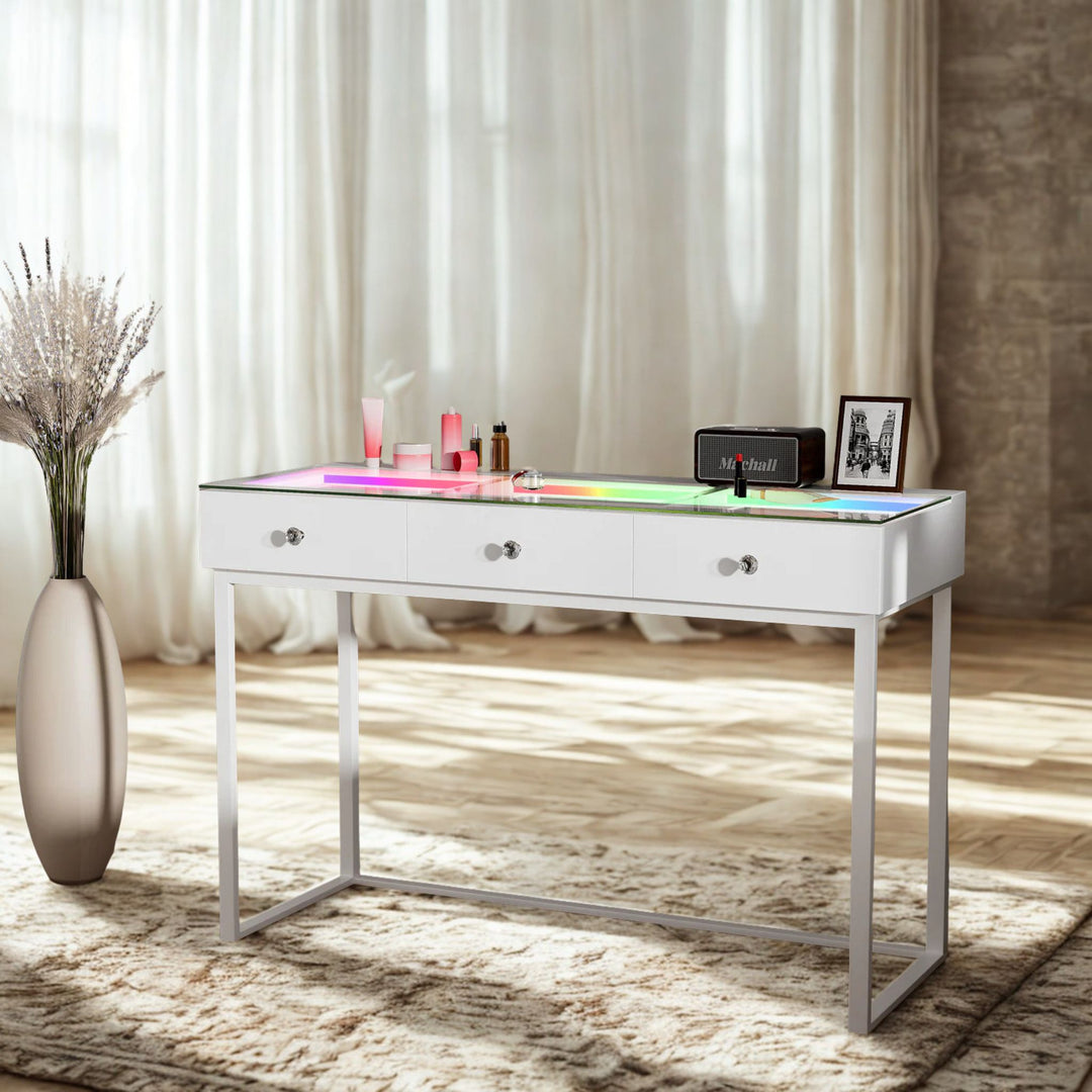 Liora RGB LED Glass-Top Vanity Desk – 3 Drawers