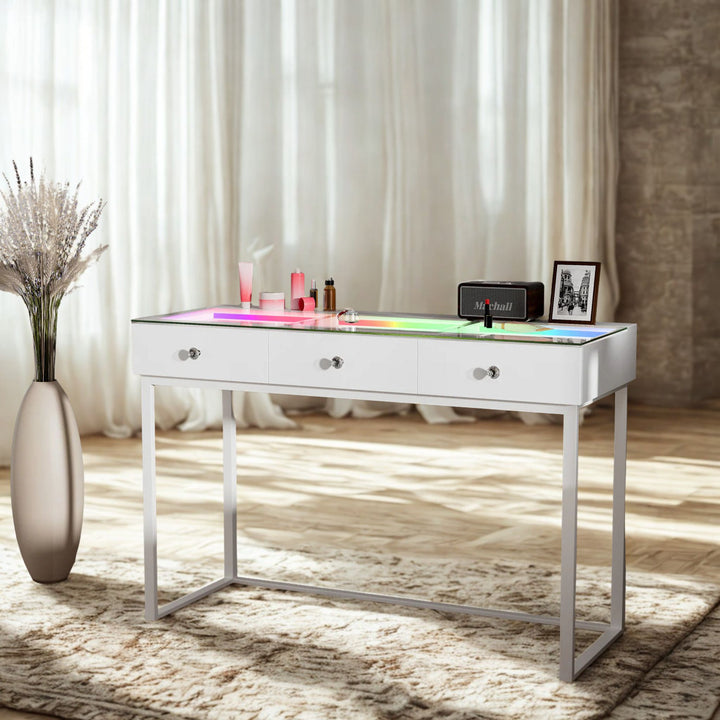 Liora RGB LED Glass-Top Vanity Desk – 3 Drawers