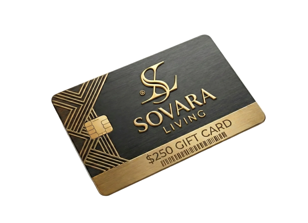 Sovara Living gift card with gold and black design on a white background