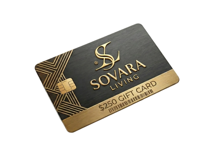 Sovara Living gift card with gold and black design on a white background