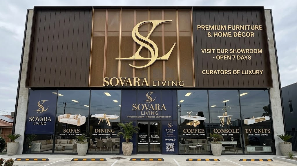 Sovara Living showroom at Unit 168 in Truganina, with gold monogram signage and a glass-fronted entrance