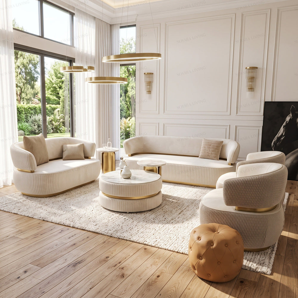 Adora cream and gold curved sofa collection by Sovara Living with channel-detailed sofas and textured armchairs