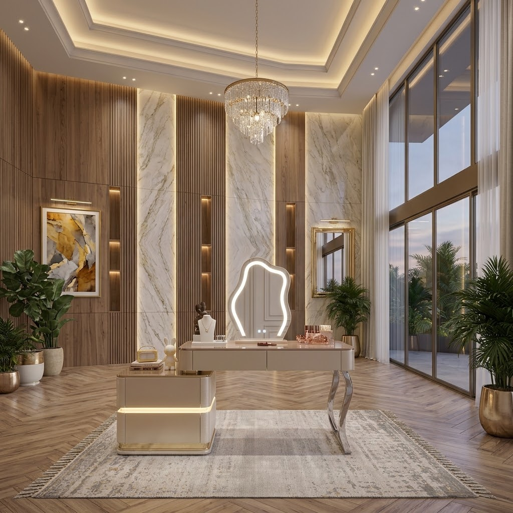 Ayla cream dressing table with an asymmetrical illuminated mirror, drawer cabinet and curved metallic leg, shown in a styled room