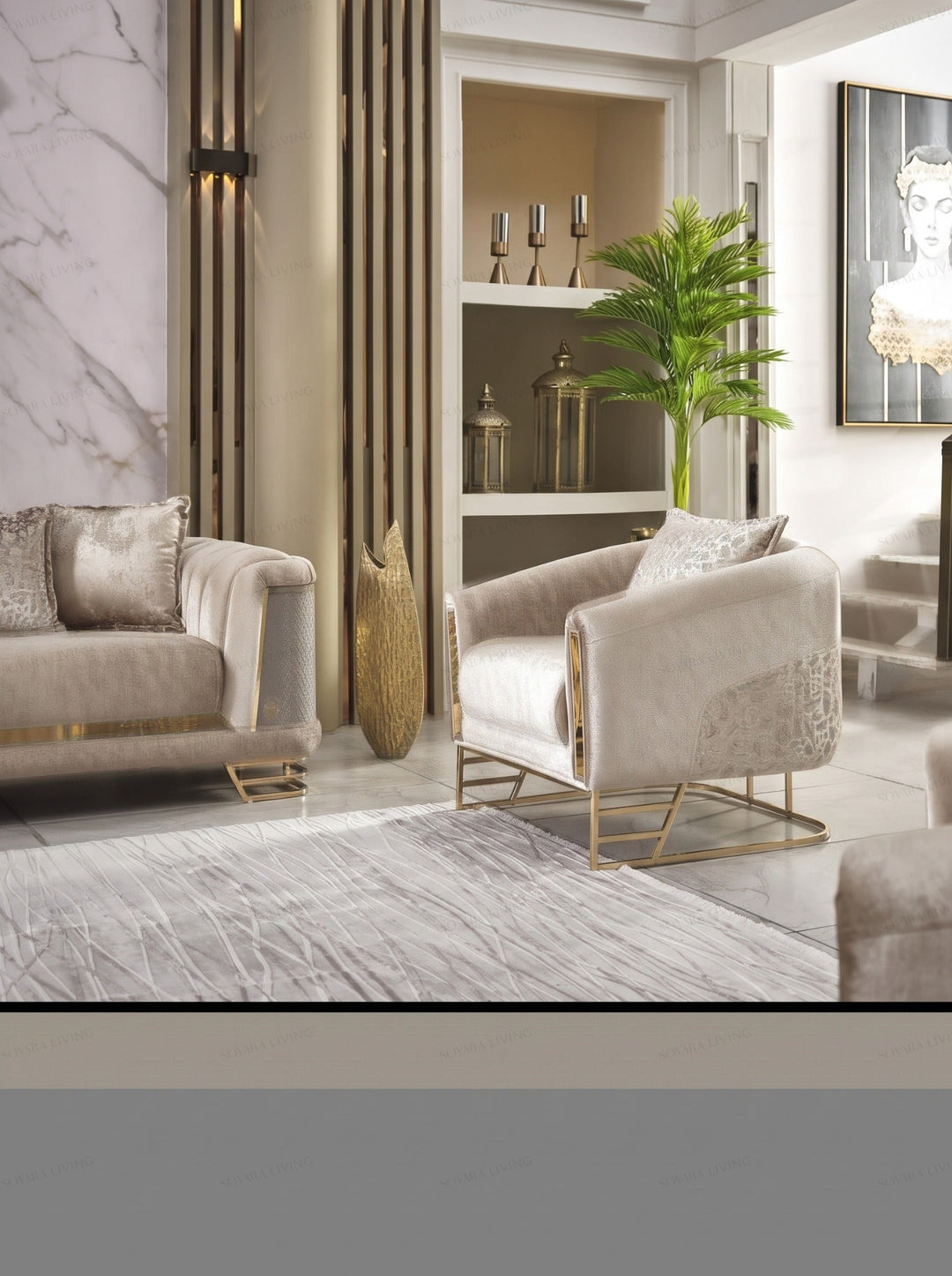Cassani single armchair with cream velvet upholstery and brushed gold base