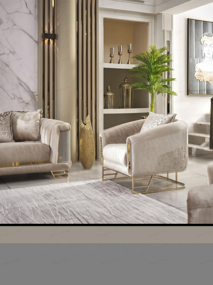 Cassani armchair jacquard side detail and brushed gold base