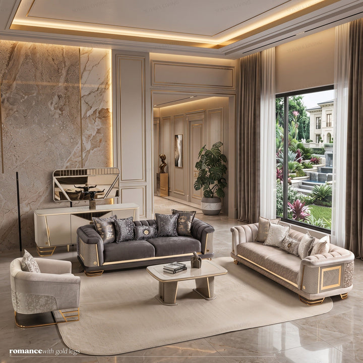 Full Cassani sofa collection with jacquard panels and brushed gold detailing