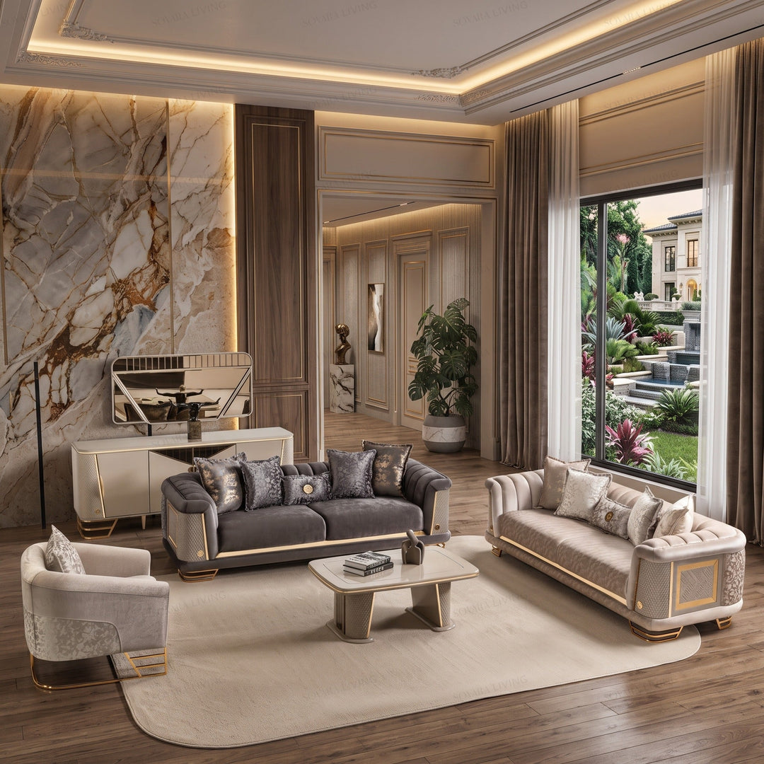 Cassani luxury velvet sofa collection in cream and charcoal with brushed gold accents
