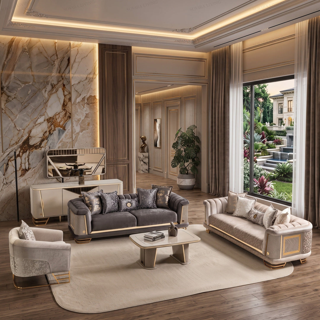Cassani dual-tone velvet sofa suite styled in a luxury living room