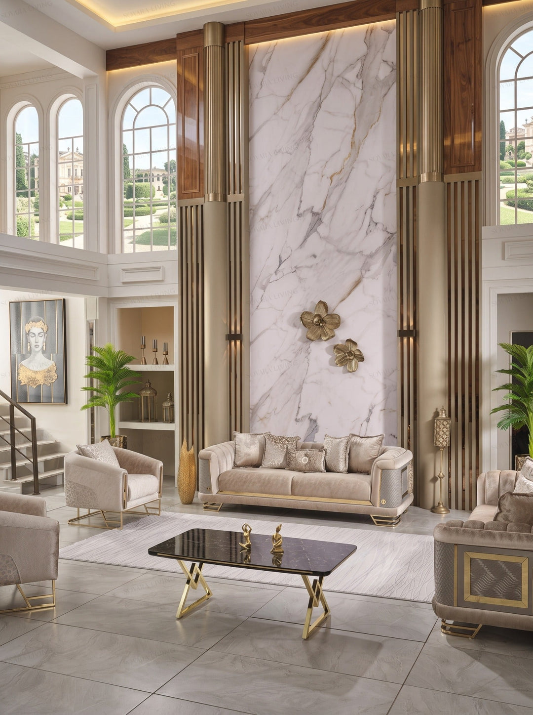 Cassani velvet sofa suite front view with matching armchair