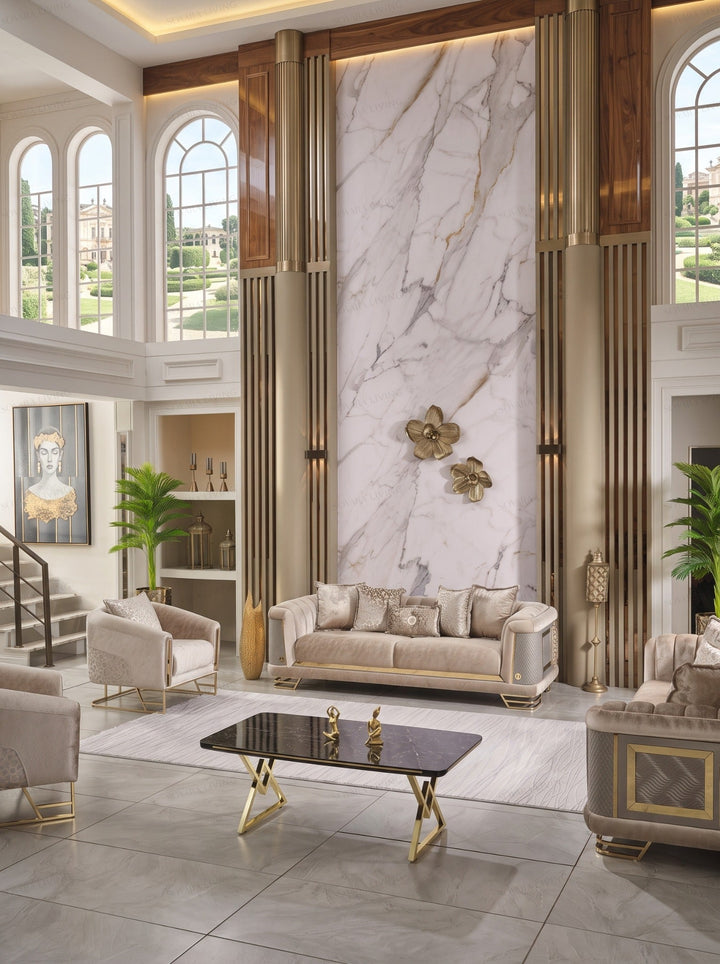 Cassani velvet sofa suite front view with matching armchair