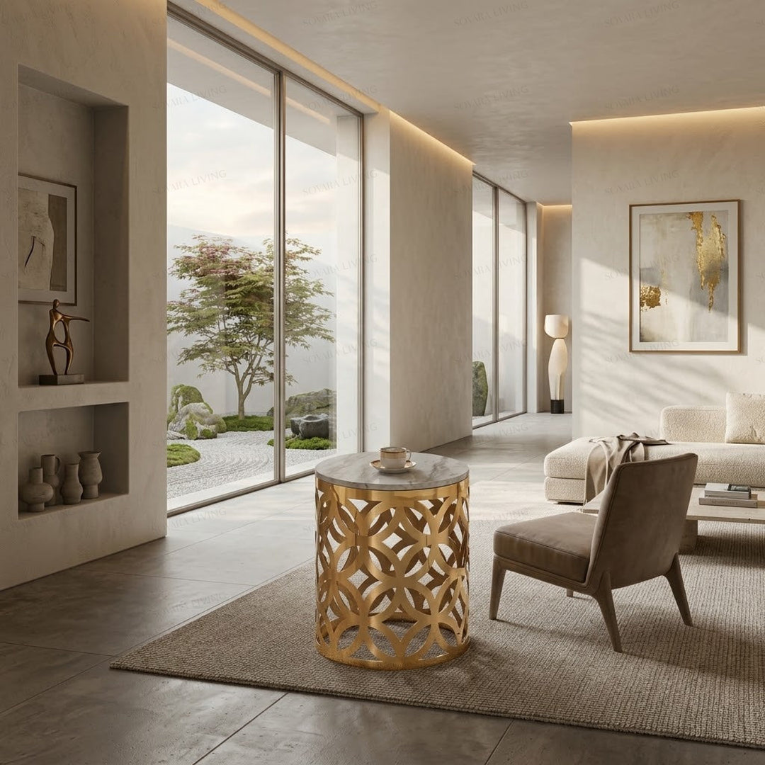 Castelli luxury marble accent table with sculptural gold lattice base and veined stone top