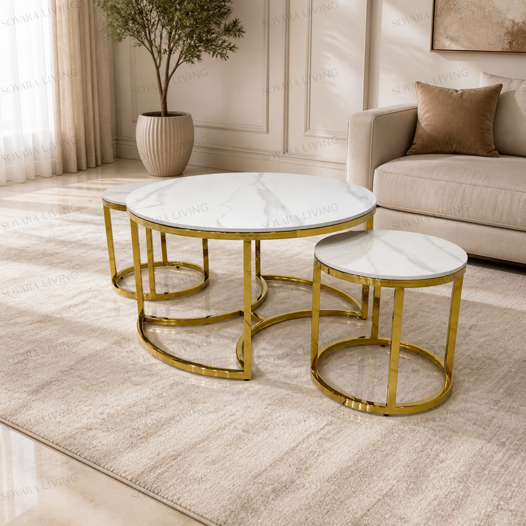 Three-quarter view of the Celora three-piece round coffee table set showing its flexible nesting arrangement