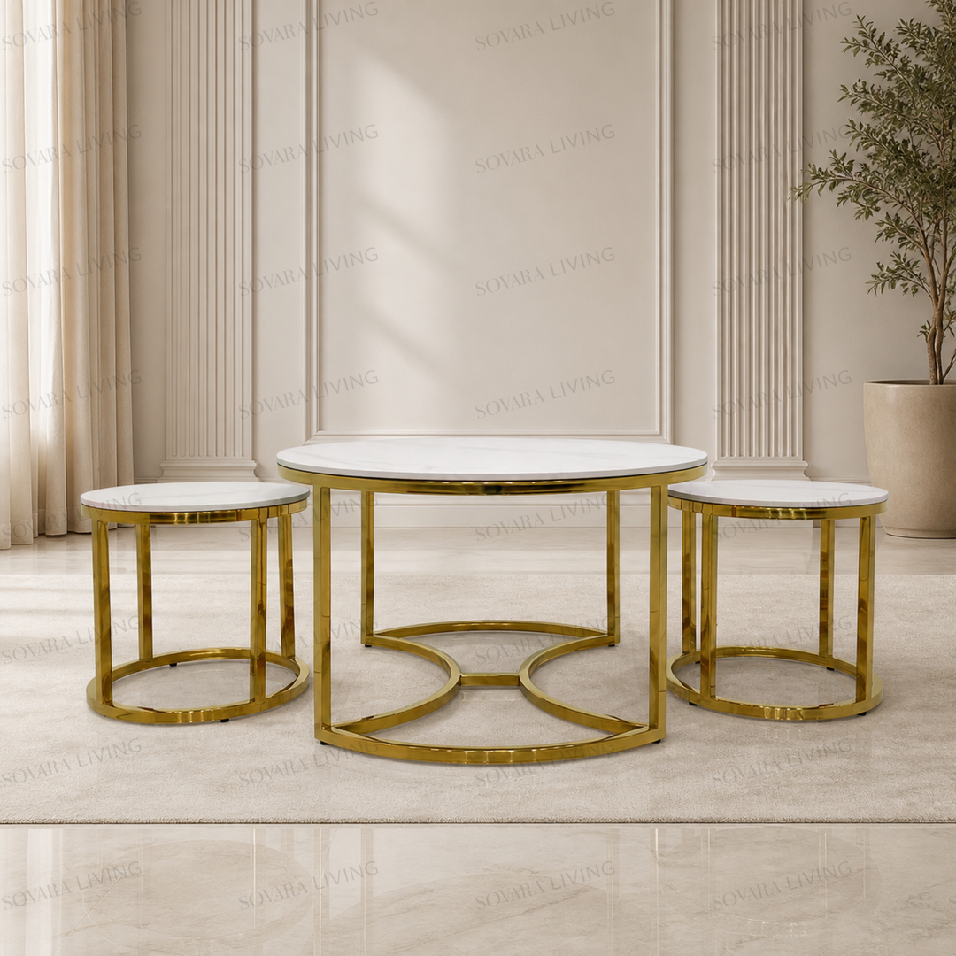 Front view of the Celora round coffee table with two matching side tables in white and mirror gold