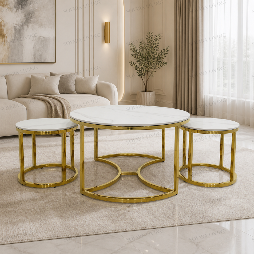 Celora three-piece round coffee and side table set with white marble-look tops and mirror-gold circular frames