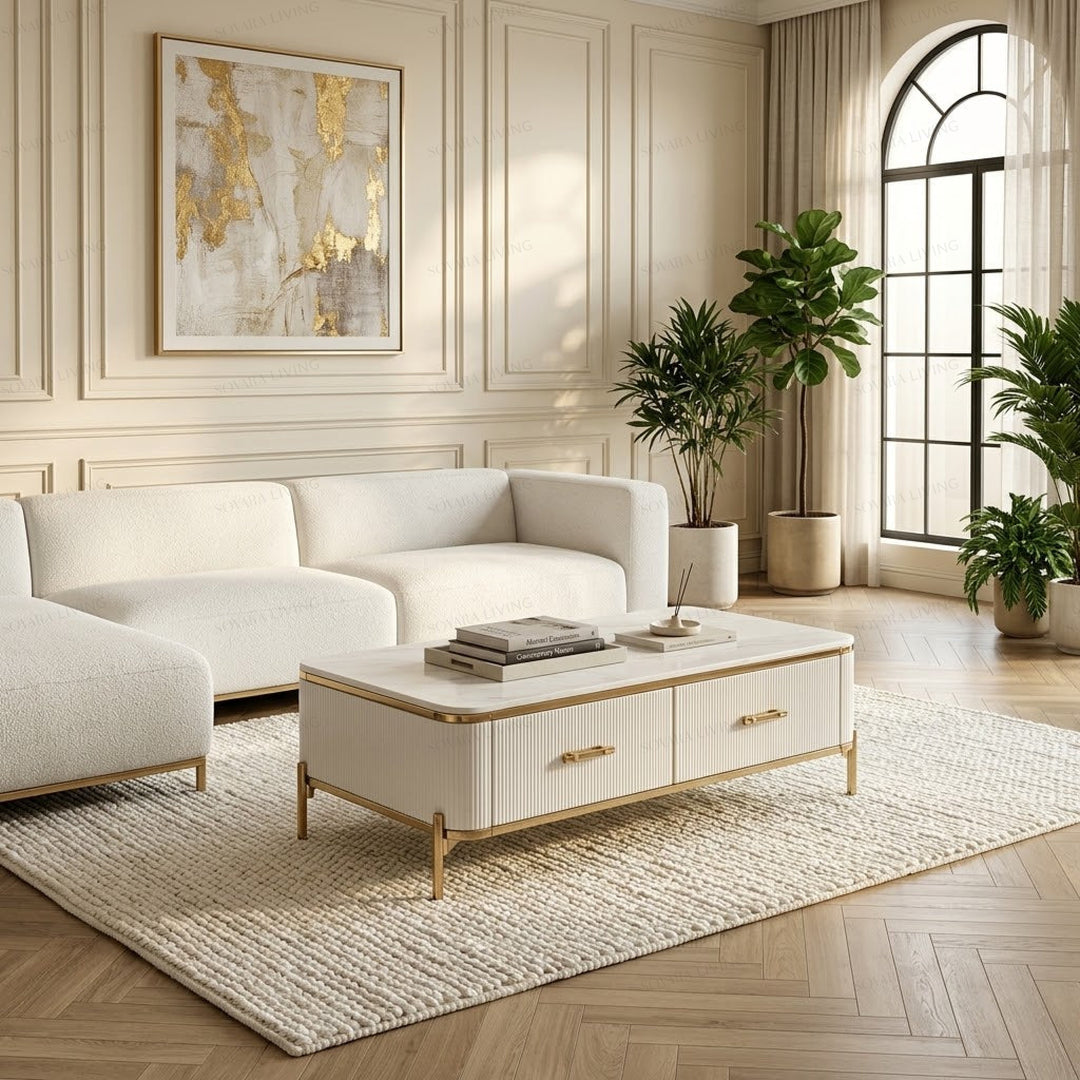 Linea luxury fluted storage coffee table in a bright contemporary living room