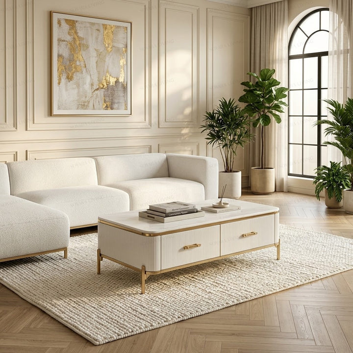 Linea luxury fluted storage coffee table in a bright contemporary living room