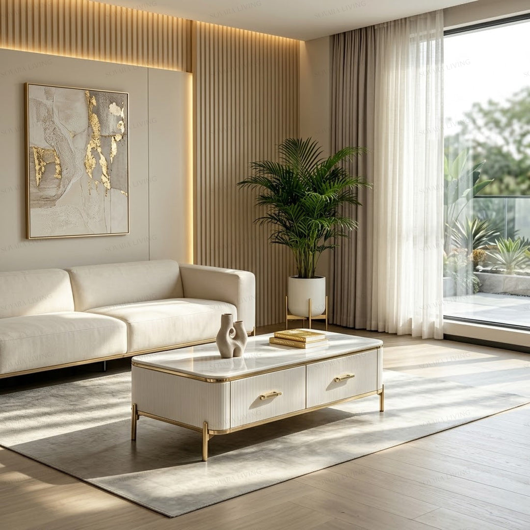 Linea fluted storage coffee table with gold accents in a modern living room