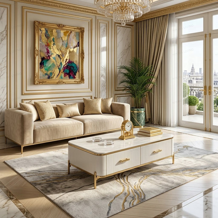 Linea luxury coffee table styled in an elegant gold-accented living room