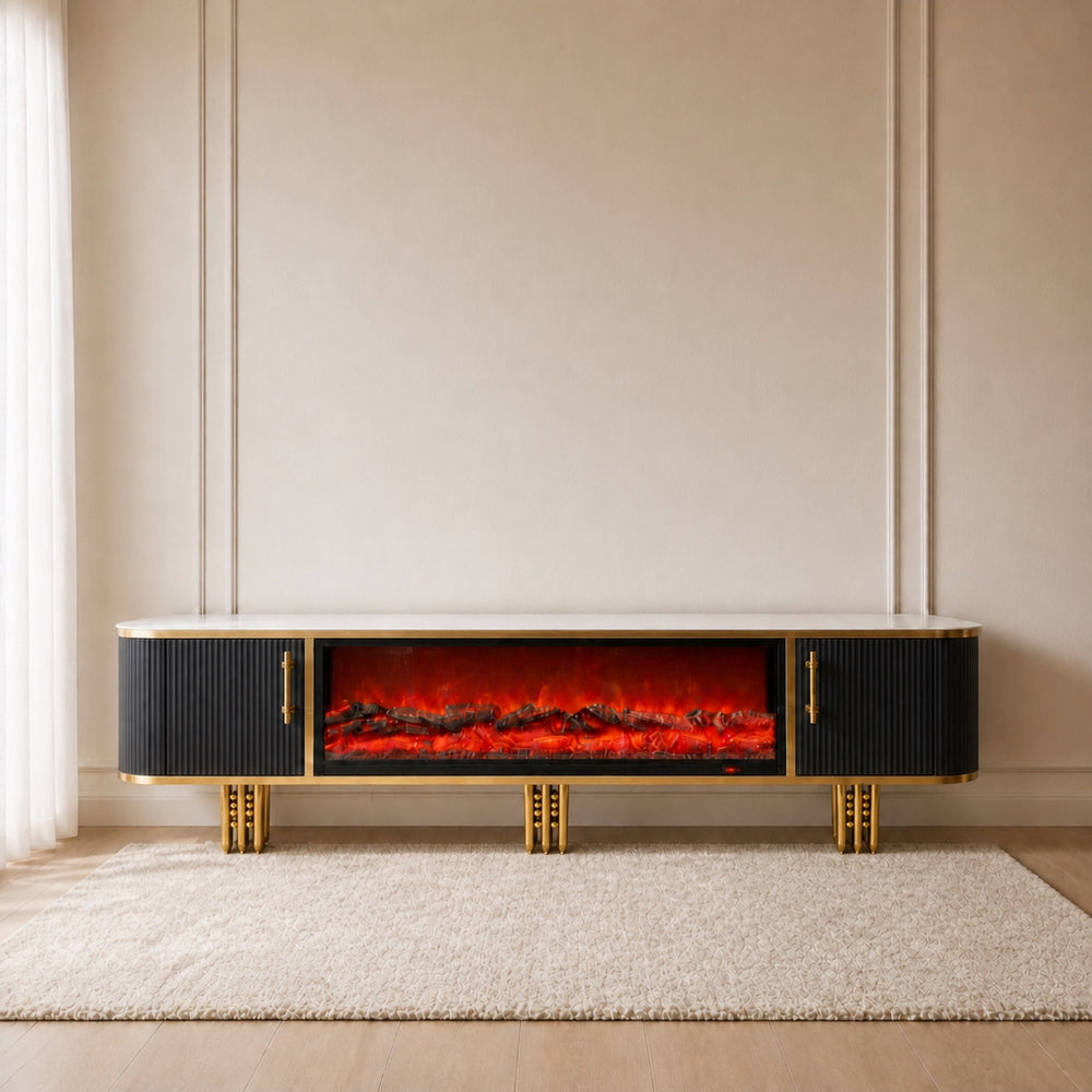 Black and gold Liora Fireplace TV Unit with fluted doors and decorative gold legs, front view