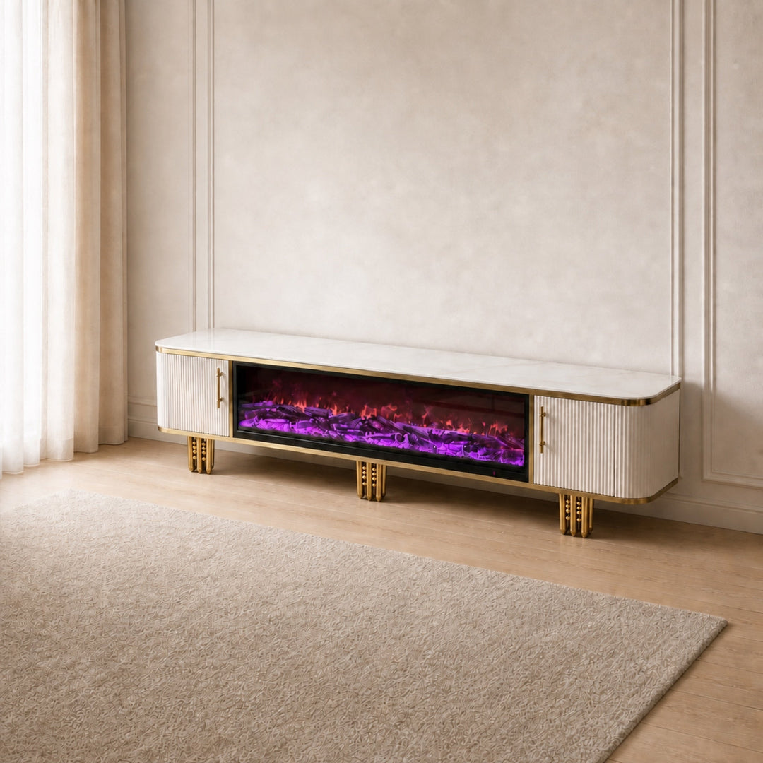 White and gold Liora Fireplace TV Unit with purple LED display, angled view