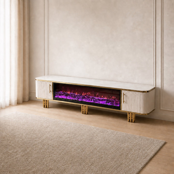White and gold Liora Fireplace TV Unit with purple LED display, angled view
