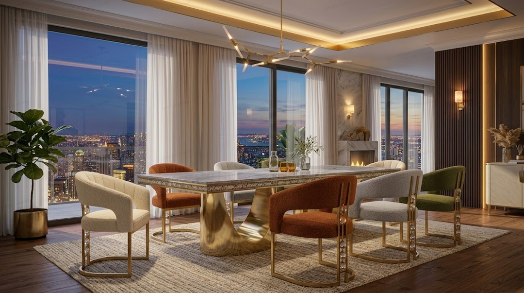 Wide room view of the Lunessa dining table with a veined marble-look top and sculptural gold-tone bases
