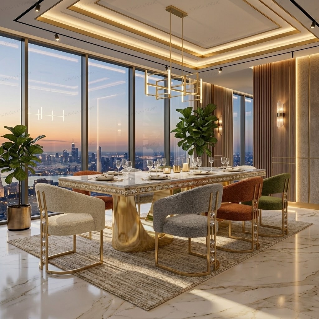 Lunessa marble-look and gold-tone dining table styled with upholstered dining chairs and place settings