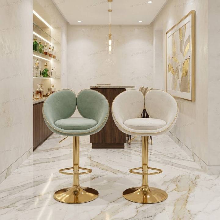 Modena luxury velvet bar stools in sage green and ivory with polished gold pedestal bases