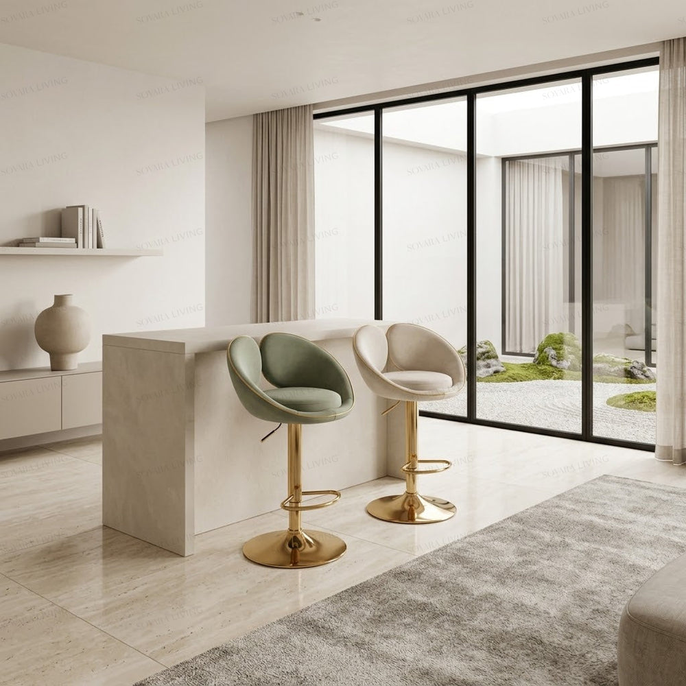Modena velvet bar stools styled at a contemporary kitchen island
