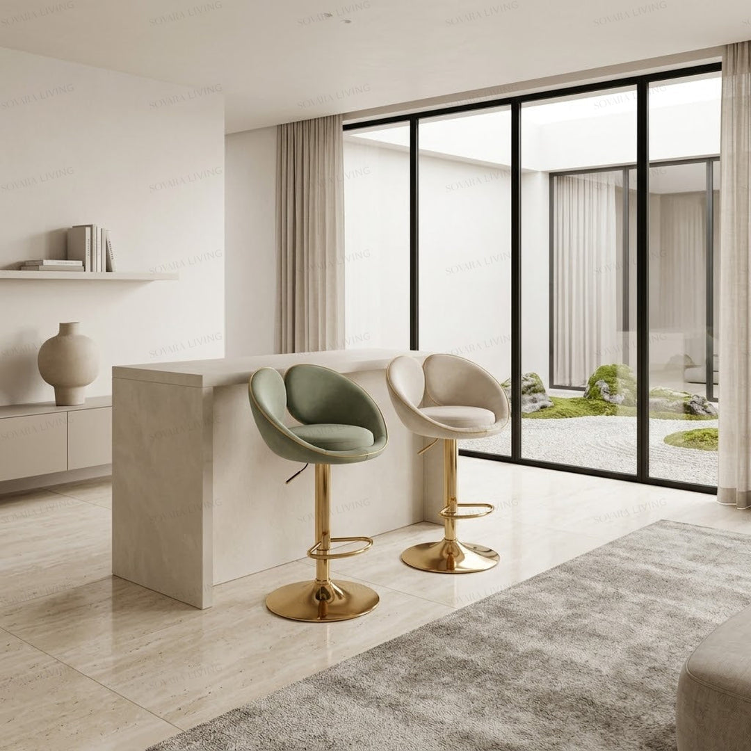 Modena velvet bar stools styled at a contemporary kitchen island