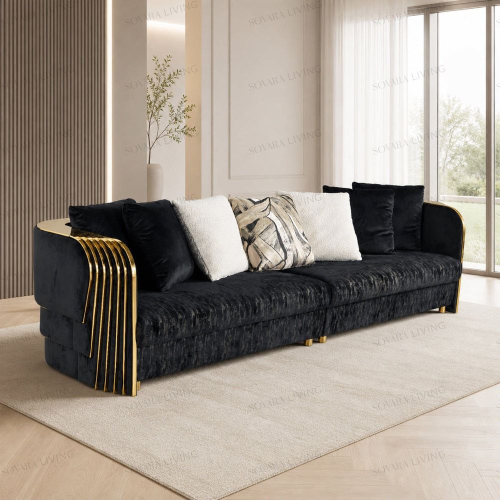 Nerina long black sofa with textured upholstery and mirror-gold accents