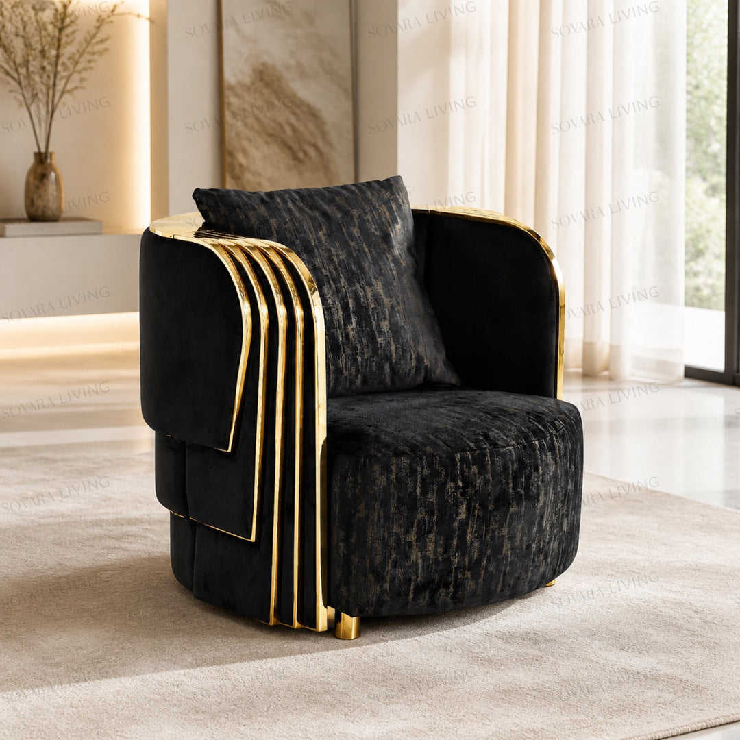 Nerina black accent chair with textured upholstery and mirror-gold ribbed detailing