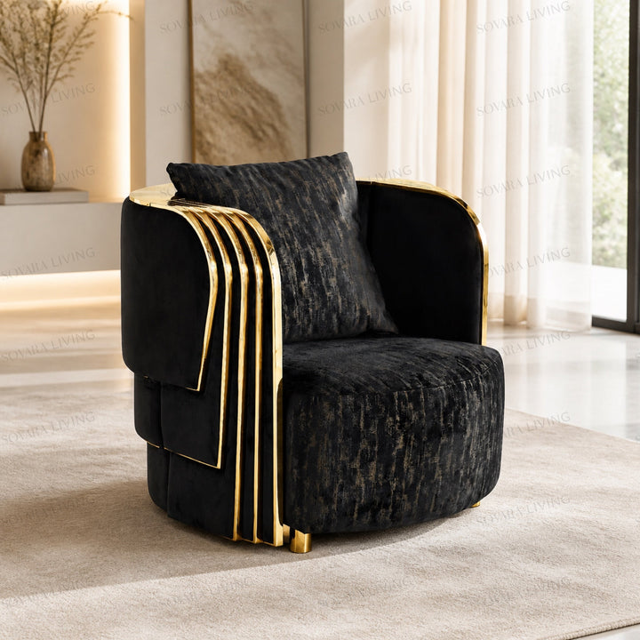 Nerina black accent chair with textured upholstery and mirror-gold ribbed detailing