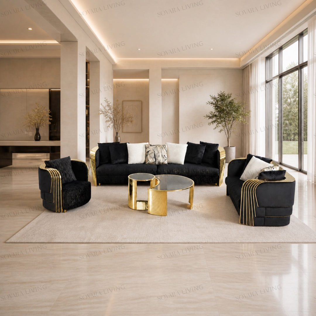 Nerina black 3+2+1 sofa set with mirror-gold detailing and spacious framing in a warm neutral living room