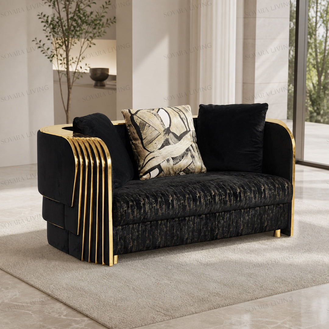 Nerina black two-seat sofa with sculptural mirror-gold ribbed arms