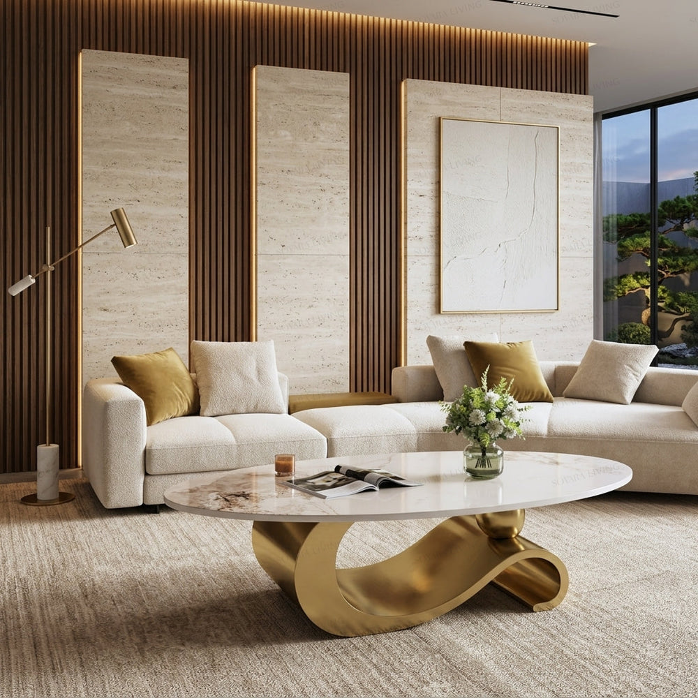 Orbita luxury coffee table styled in a contemporary neutral living room