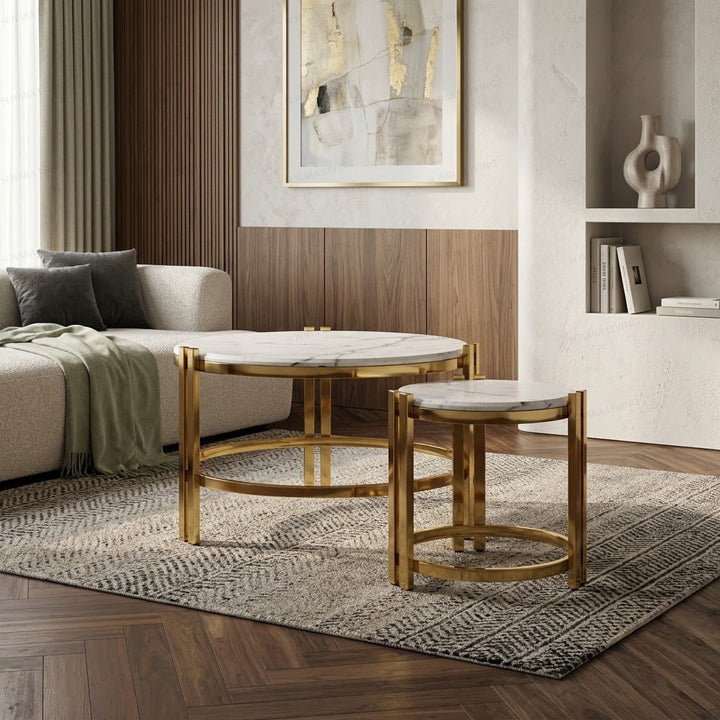 Palladio luxury nesting coffee table set with light stone tops and polished gold frames