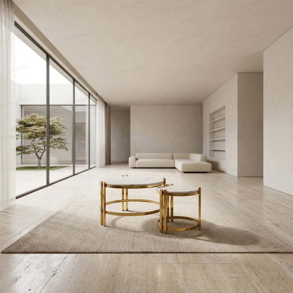 Palladio round nesting coffee tables styled in a contemporary living room