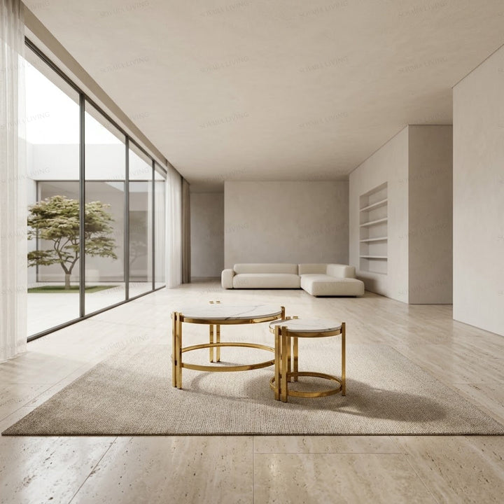 Palladio round nesting coffee tables styled in a contemporary living room