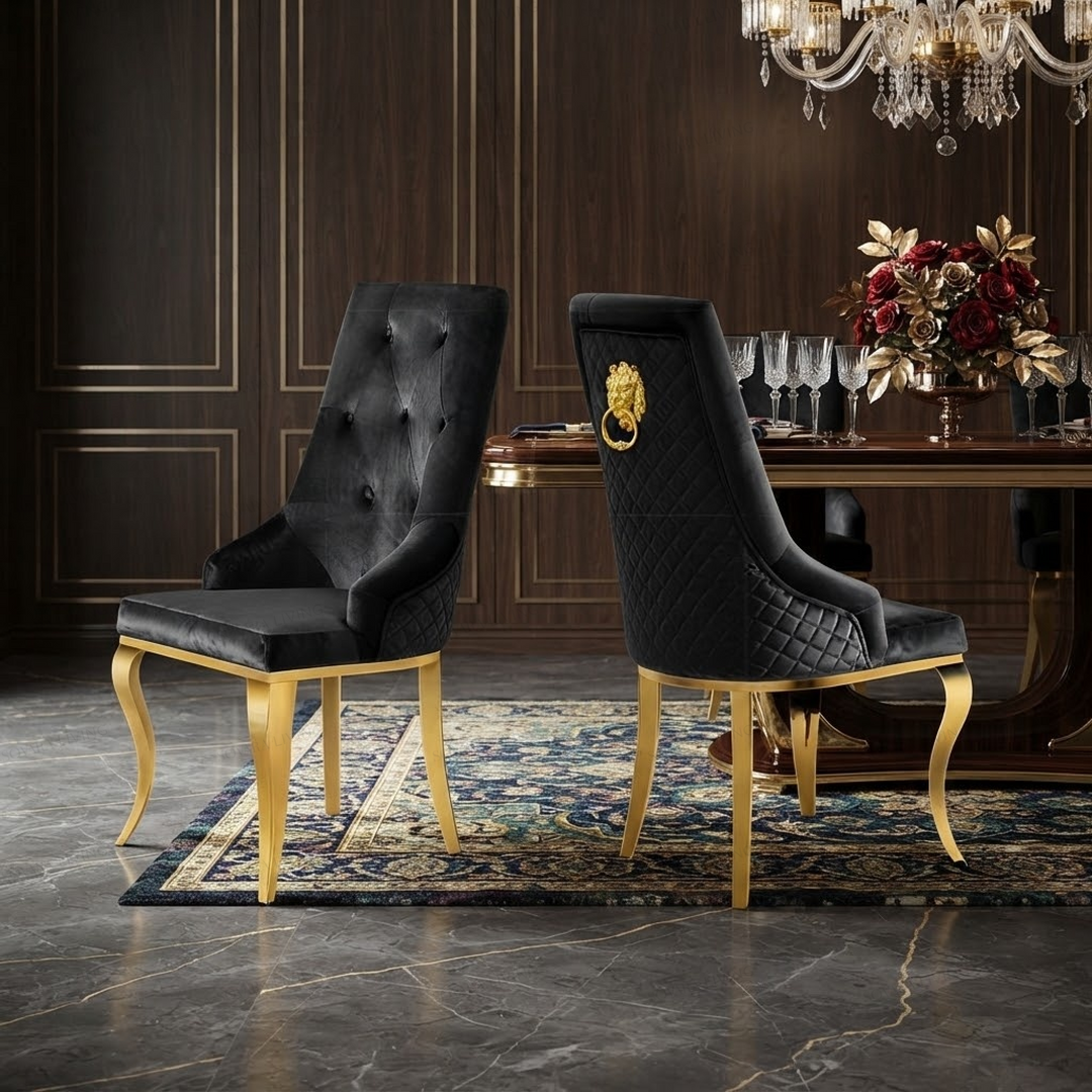 Regal Lion black and gold dining chair with button tufted upholstery, diamond quilted back and gold lion-head detail