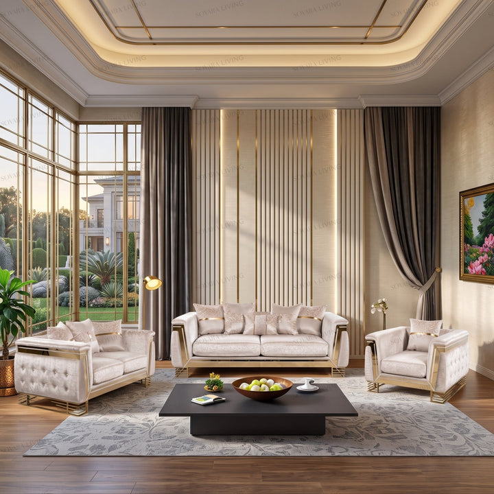 Rosella sofa collection in champagne beige with gold accents, shown as a 3-seater, 2-seater and armchair.