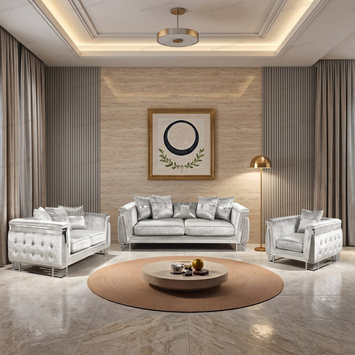 Rosella sofa collection with light upholstery and silver accents, shown as a 3-seater, 2-seater and armchair.