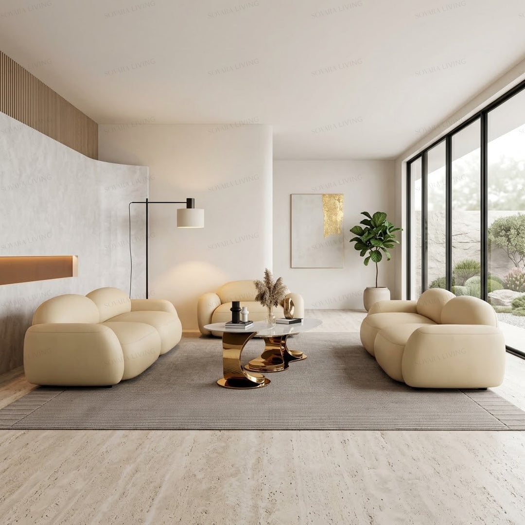 Savelli luxury sculptural coffee table set in a contemporary neutral living room