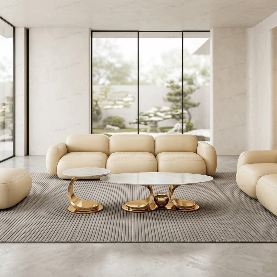 Savelli oval coffee table and round side table with polished gold sculptural bases