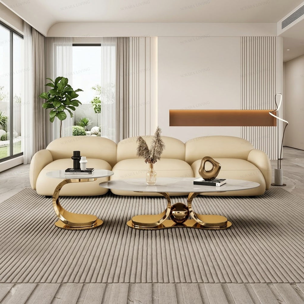 Savelli luxury coffee table set styled with a cream sofa and modern interior
