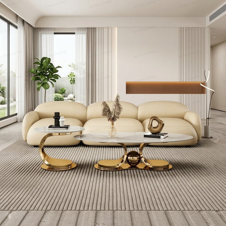 Savelli luxury coffee table set styled with a cream sofa and modern interior